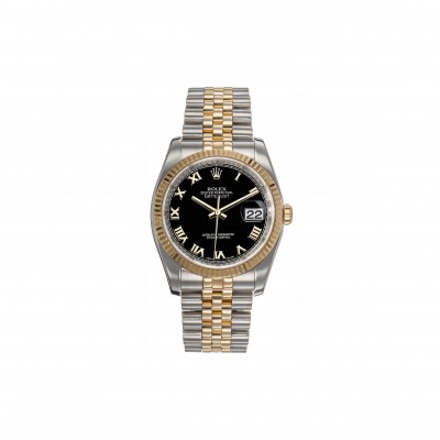 ROLEX DATEJUST FLUTED BEZEL BLACK ROMAN DIAL 36MM WATCH 116233