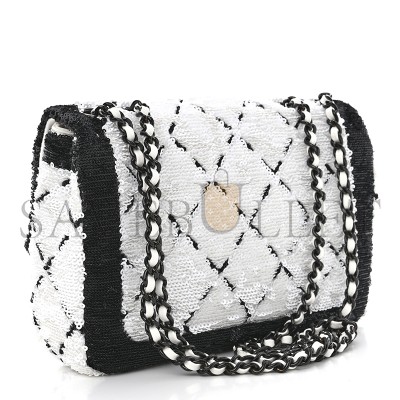 CHANEL SEQUIN CC SMALL SINGLE FLAP WHITE BLACK 1468914 (20*13*6cm)