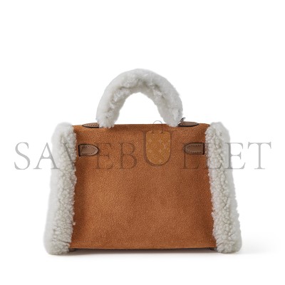 HERMES LIMITED EDITION ALEZAN SWIFT, CHAMOIS GRIZZLY AND ECRU SHEARLING TEDDY PLUSH MINI KELLY II 20 PALLADIUM HARDWARE H084115CKAC (19*12*6cm)