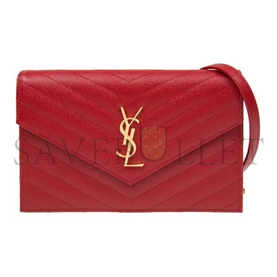 YSL CASSANDRE MATELASSÉ ENVELOPE CHAIN WALLET IN GRAIN DE POUDRE EMBOSSED LEATHER 393953BOW016515 (19*12.5*3.5cm)