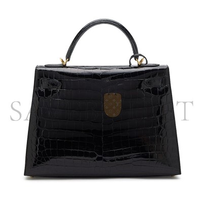 HERMÈS BLACK SHINY NILOTICUS CROCODILE SELLIER KELLY 32 GOLD HARDWARE (32*23*11cm)