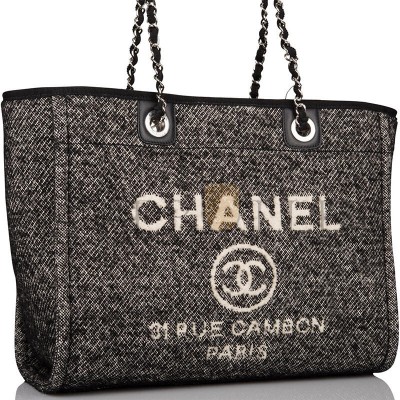CHANEL SMALL DEAUVILLE SHOPPING BAG BLACK WOOL SILVER HARDWARE  (35*27*16cm)