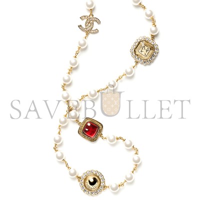 CHANEL LONG NECKLACE METAL, GLASS PEARLS & DIAMANTÉS GOLD, RED, PEARLY WHITE & CRYSTAL ABG681 CHANEL LONG NECKLACE METAL, GLASS PEARLS & DIAMANTÉS GOLD, RED, PEARLY WHITE & CRYSTAL ABG681