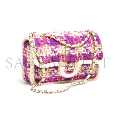 CHANEL LARGE FLAP BAG TWEED, SHEARLING LAMBSKIN & GOLD-TONE METAL FUSCHIA, PINK, BEIGE & BROWN AS5686 (26.5*16.5*9cm)