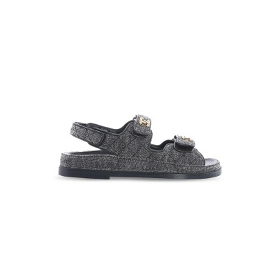 CHANEL VELVET DAILY CASUAL SANDALS FOR WOMEN BLACK & GRAY G35927 X56243 0L121