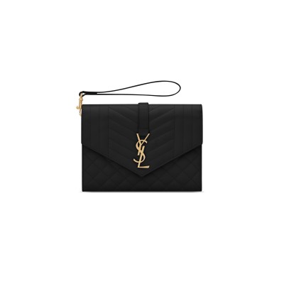 YSL ENVELOPE FLAP POUCH IN MIX MATELASSÉ GRAIN DE POUDRE LEATHER 651030BOW911000 (21*16*3cm)