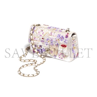 CHANEL NEW MINI CLASSIC FLAP BAG IN EMBROIDERED SATIN A69900 01 (20*12*6cm) CHANEL NEW MINI CLASSIC FLAP BAG IN EMBROIDERED SATIN A69900 01 (20*12*6cm)