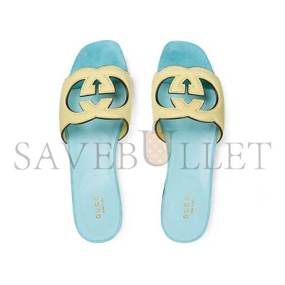 GUCCI INTERLOCKING G CUTOUT SLIDE SANDALS YELLOW LIGHT BLUE 694451