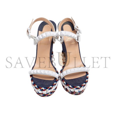 CHRISTIAN LOUBOUTIN CATACLOU DENIM PATCHWORK STUDDED WEDGE SANDALS