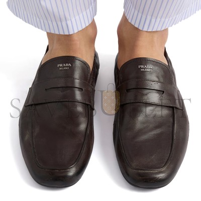 PRADA SHUFFLE ANTIQUED LEATHER LOAFERS 2DG158