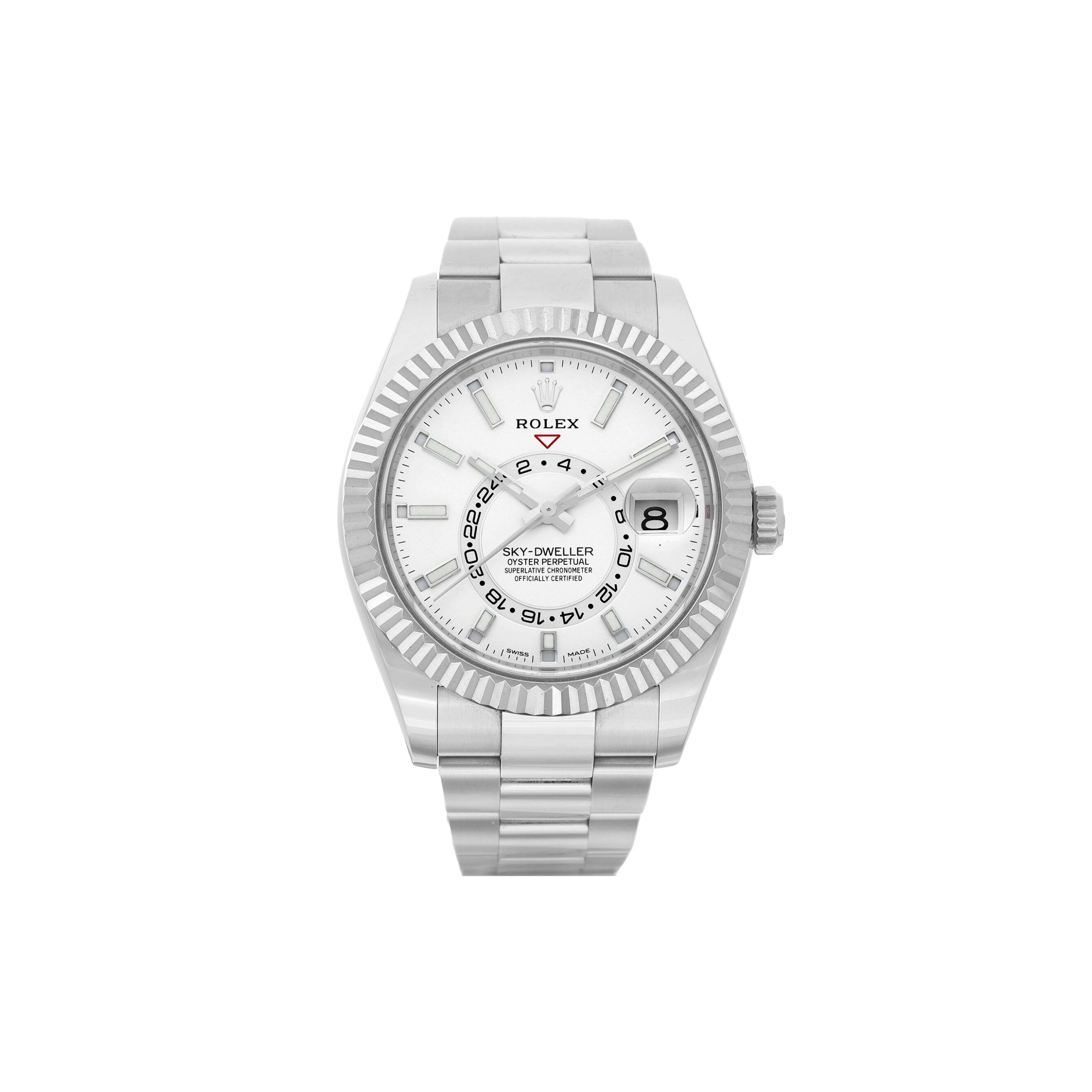 ROLEX SKY-DWELLER STAINLESS STEEL ANNUAL CALENDAR DUAL TIME ZONE WRISTWATCH WITH WHITE GOLD 40MM 326934