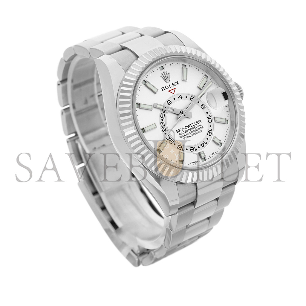 ROLEX SKY-DWELLER STAINLESS STEEL ANNUAL CALENDAR DUAL TIME ZONE WRISTWATCH WITH WHITE GOLD 40MM 326934