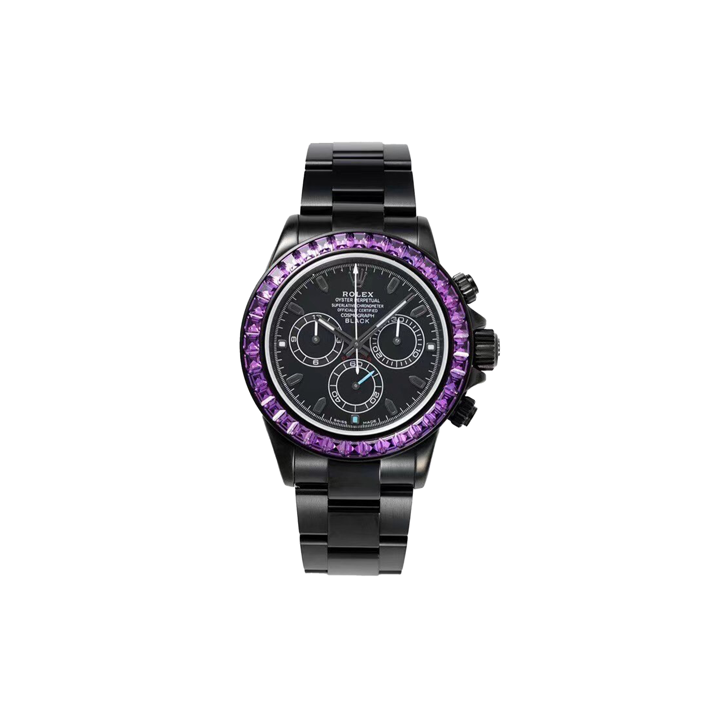 ROLEX DAYTONA ALL BLACK EDITION PURPLE DIAMONDS BEZEL BLACK DIAL 40MM WATCH N4130