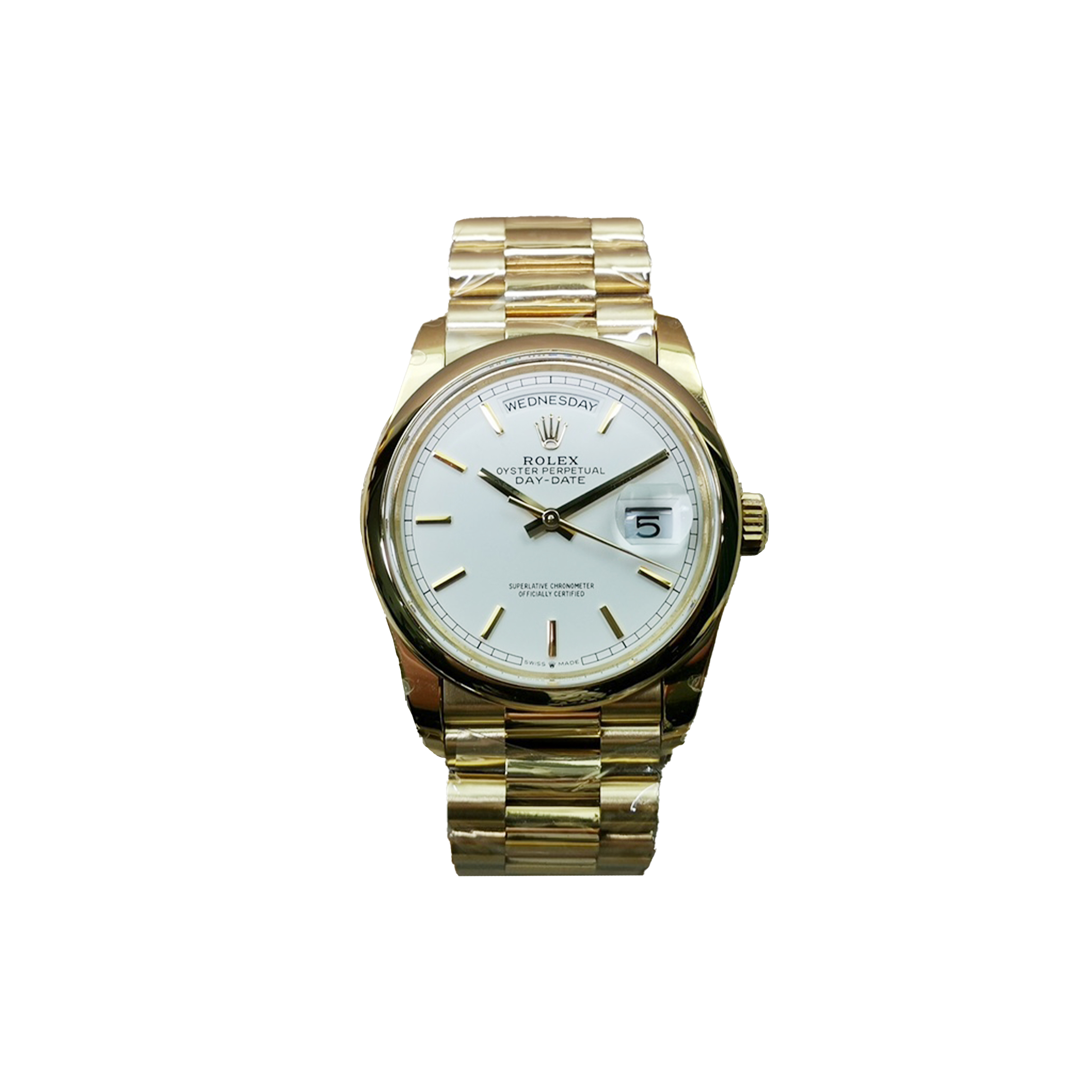 R*L*X DAY-DATE WHITE DIAL GOLD DOMED BEZEL 36MM WATCH 118208