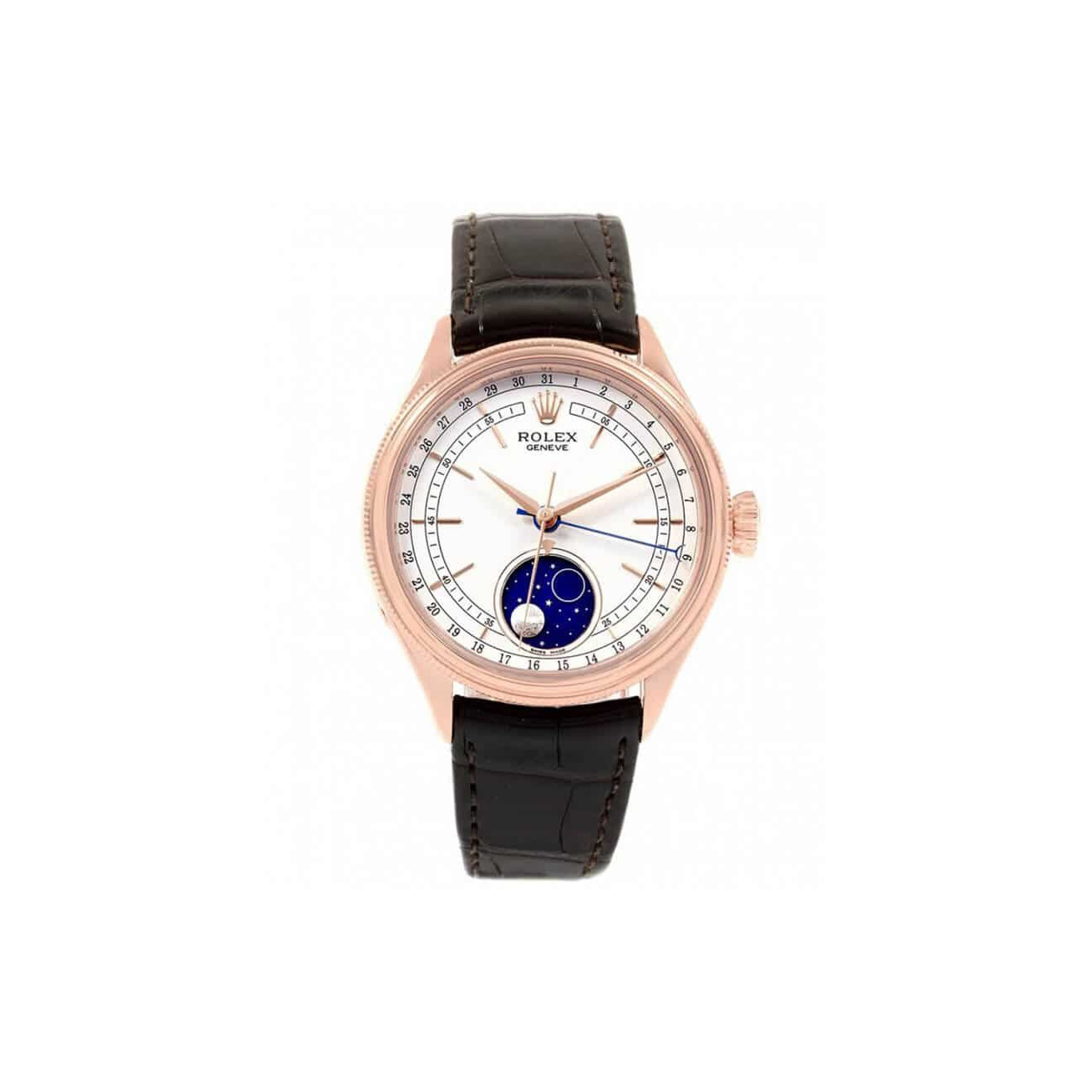 R*L*X CELLINI MOONPHASE WHITE 18K ROSE GOLD LEATHER EVEROSE 39MM WATCH 50535