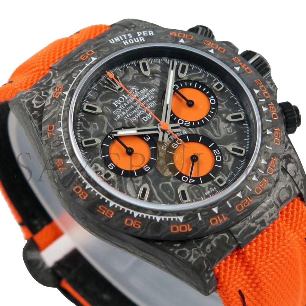 ROLEX DAYTONA DIW CARBON SWISSREPLICA DIAL ORANGE STRAP 40MM WATCH CM002-15C