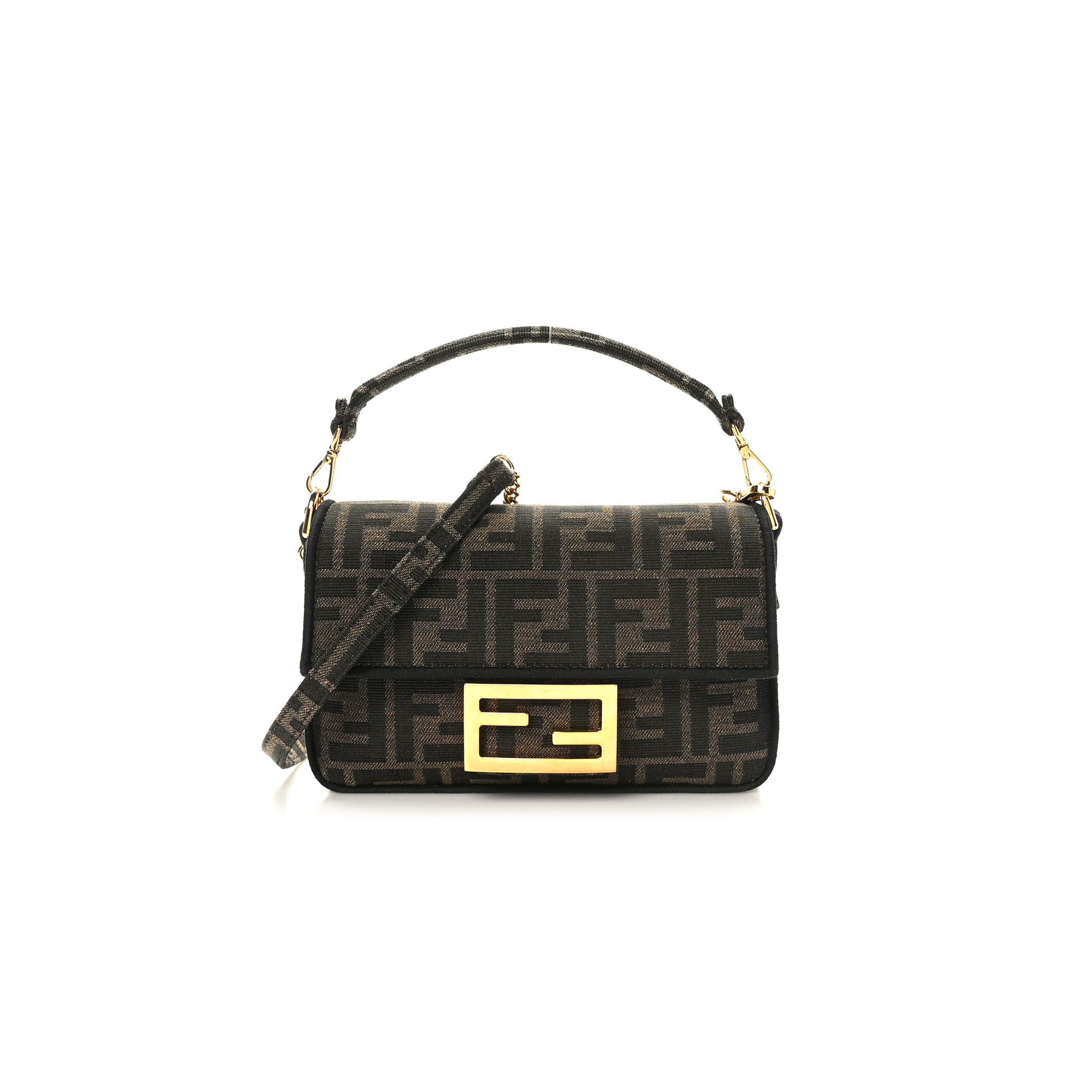 F*N*I FABRIC JACQUARD FF 1974 MINI BAGUETTE TOBACCO MORO BLACK (19*11*5cm)