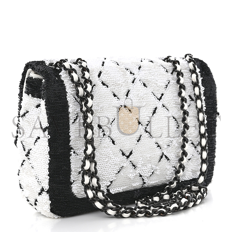 CHANEL SEQUIN CC SMALL SINGLE FLAP WHITE BLACK 1468914 (20*13*6cm)