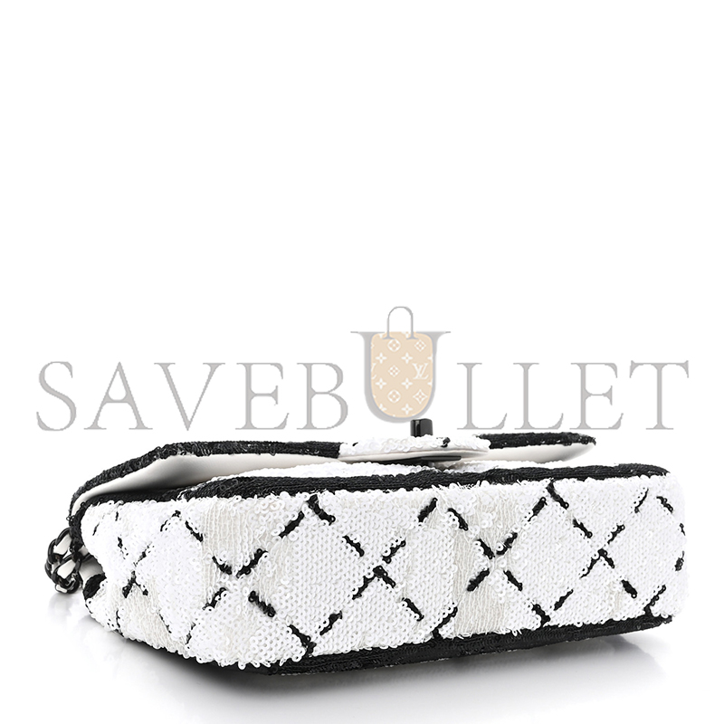CHANEL SEQUIN CC SMALL SINGLE FLAP WHITE BLACK 1468914 (20*13*6cm)