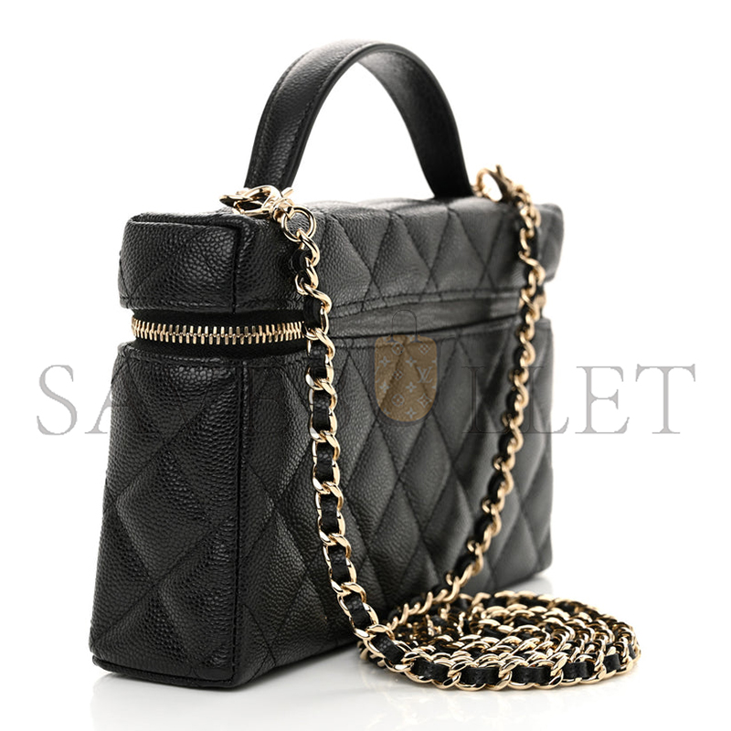 CHANEL CAVIAR QUILTED TOP HANDLE SLIM VANITY WITH CHAIN BLACK AP4385 (19.5*17*5cm)
