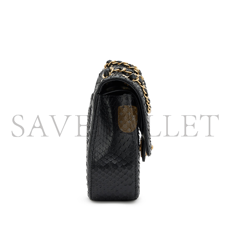 CHANEL MASTER BLACK PYTHON MEDIUM CLASSIC DOUBLE FLAP BRUSHED GOLD HARDWARE 4152760 (25.5*15.5*6.5cm)