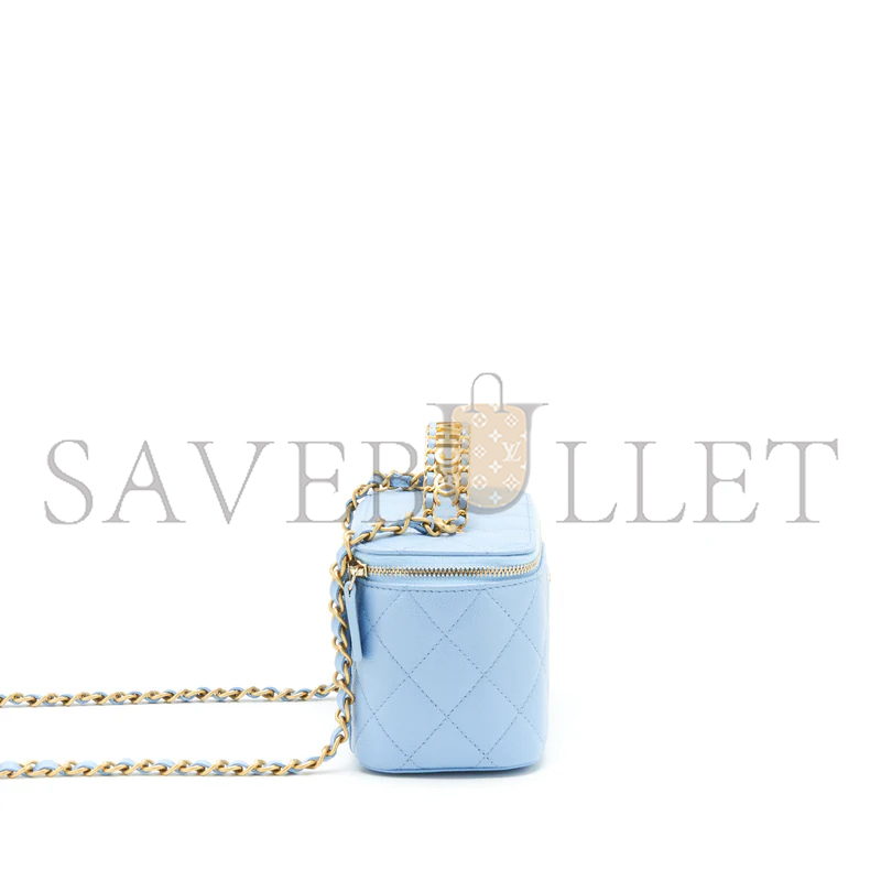 CHANEL 22S LONG VANITY CASE WITH LETTER HANDLE CAVIAR LIGHT BLUE AP2805 (17*10*8cm)