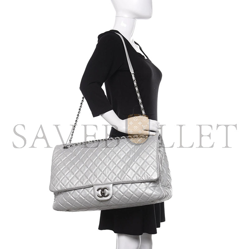 CHANEL METALLIC CALFSKIN QUILTED XXL TRAVEL FLAP BAG SILVER (44*25*14cm)