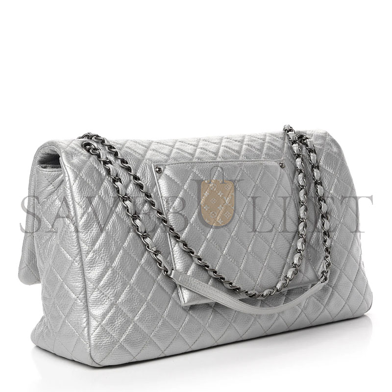CHANEL METALLIC CALFSKIN QUILTED XXL TRAVEL FLAP BAG SILVER (44*25*14cm)