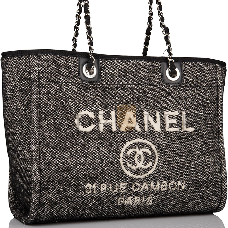 CHANEL SMALL DEAUVILLE SHOPPING BAG BLACK WOOL SILVER HARDWARE  (35*27*16cm)