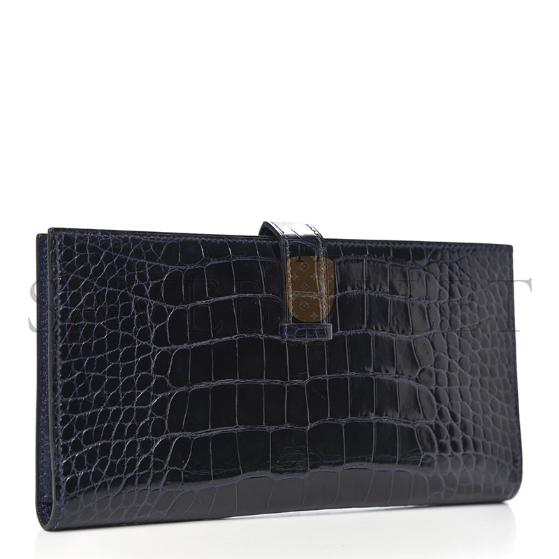 HERMES SHINY ALLIGATOR BEARN WALLET BLEU MARINE (17.5*9cm)