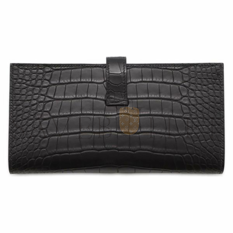 HERMÈS BEARN SOUFFLET LONG WALLET, BLACK GOLD HARDWARE, MATTE ALLIGATOR LEATHER (17.5*9cm)