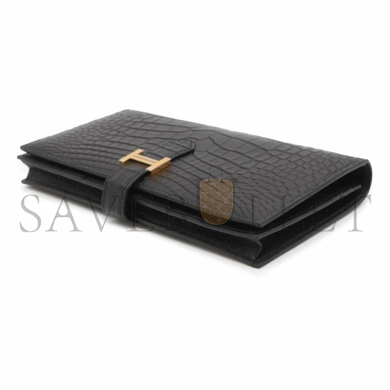 HERMÈS BEARN SOUFFLET LONG WALLET, BLACK GOLD HARDWARE, MATTE ALLIGATOR LEATHER (17.5*9cm)