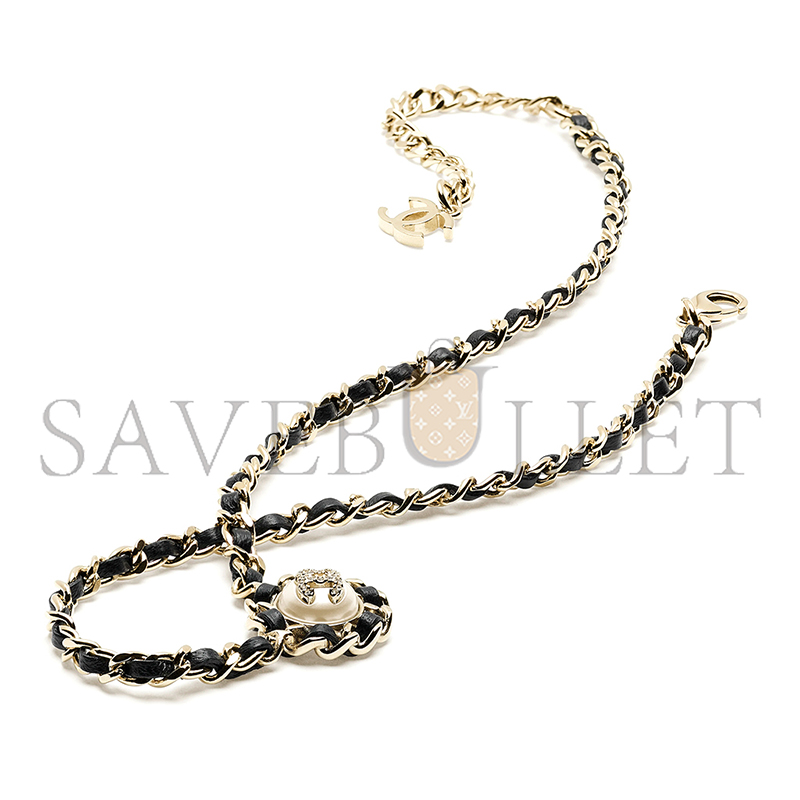 CHANEL NECKLACE METAL, LAMBSKIN, RESIN & DIAMANTÉ GOLD, BLACK, PEARLY WHITE & CRYSTAL ABG560