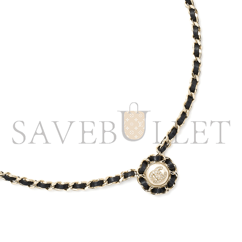 CHANEL NECKLACE METAL, LAMBSKIN, RESIN & DIAMANTÉ GOLD, BLACK, PEARLY WHITE & CRYSTAL ABG560