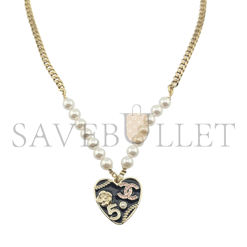 CHANEL CC BLACK ENAMEL HEART NECKLACE 