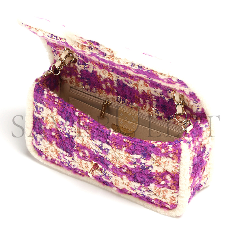CHANEL LARGE FLAP BAG TWEED, SHEARLING LAMBSKIN & GOLD-TONE METAL FUSCHIA, PINK, BEIGE & BROWN AS5686 (26.5*16.5*9cm)