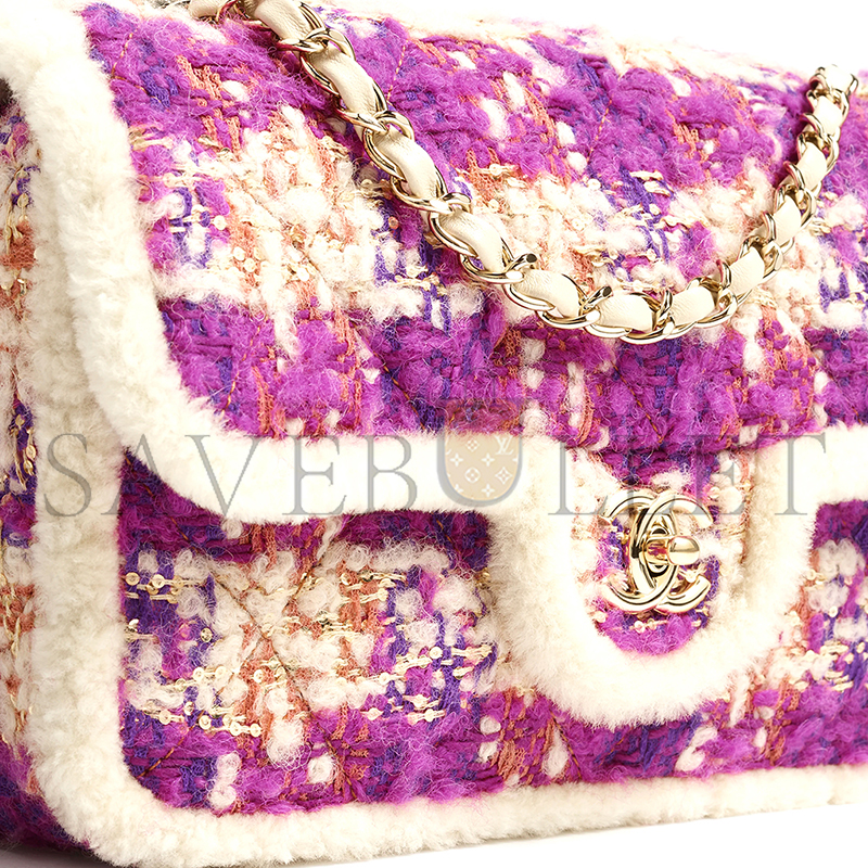 CHANEL LARGE FLAP BAG TWEED, SHEARLING LAMBSKIN & GOLD-TONE METAL FUSCHIA, PINK, BEIGE & BROWN AS5686 (26.5*16.5*9cm)