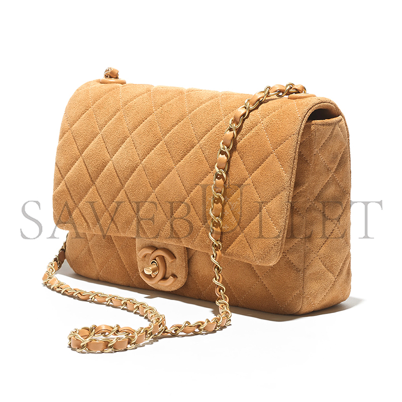 CHANEL FLAP BAG SUEDE CALFSKIN, LAMBSKIN & GOLD-TONE METAL DARK BEIGE AS5987 (26*18*7cm)