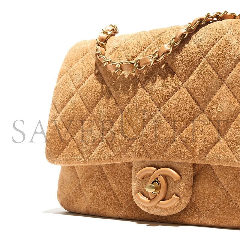 CHANEL FLAP BAG SUEDE CALFSKIN, LAMBSKIN & GOLD-TONE METAL DARK BEIGE AS5987 (26*18*7cm)