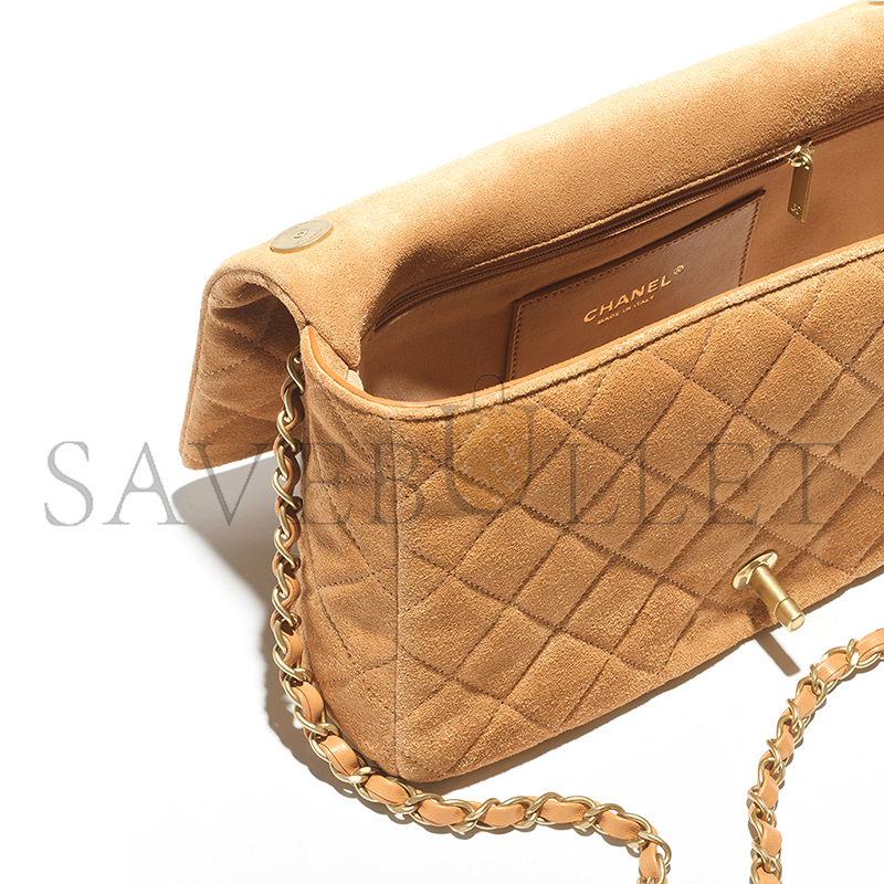 CHANEL FLAP BAG SUEDE CALFSKIN, LAMBSKIN & GOLD-TONE METAL DARK BEIGE AS5987 (26*18*7cm)