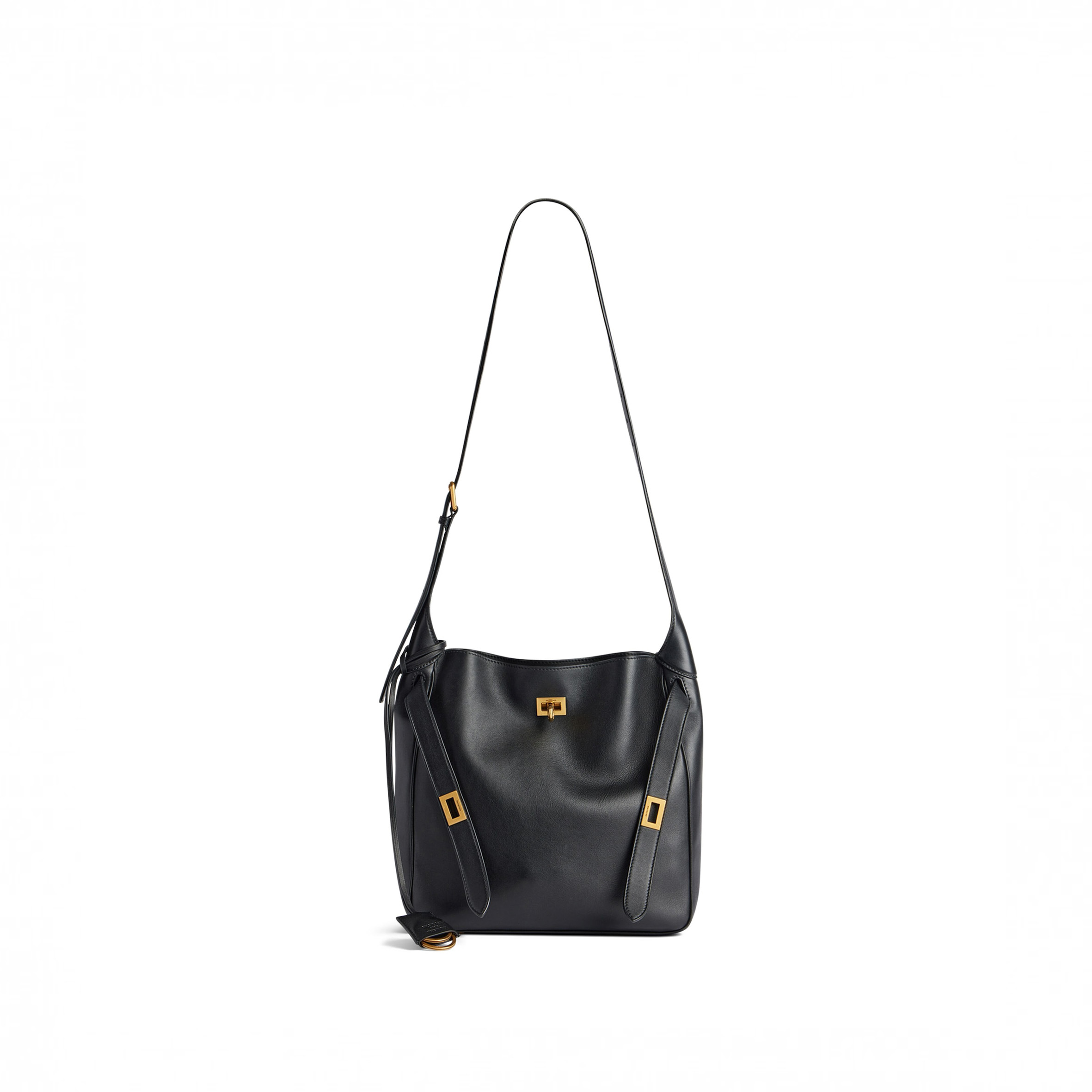 BALENCIAGA BEL AIR SMALL HOBO BAG IN BLACK SMOOTH CALFSKIN, GOLD HARDWARE 8110182ABAV1000 (26.9*25.9*9.9cm)