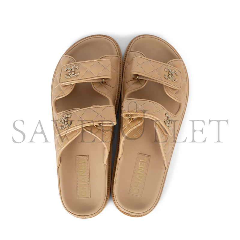 CHANEL LAMBSKIN QUILTED VELCRO DAD CHAIN CC SLIDE SANDALS 