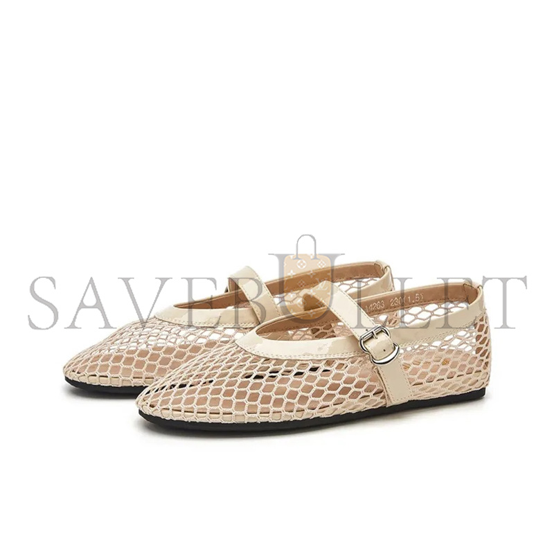 ALAÏA PATENT LEATHER-TRIMMED FISHNET BALLET FLATS 