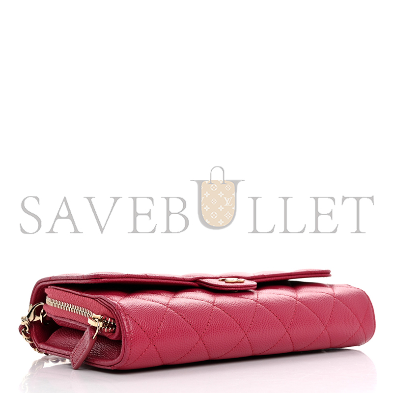 CHANEL CAVIAR QUILTED PHONE HOLDER WALLET ON REMOVABLE CHAIN DARK PINK 1658572 (18*11*4cm)