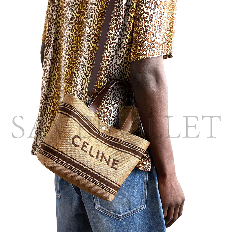CELINE CABAS MINI LEATHER-TRIMMED LOGO-EMBROIDERED RAFFIA TOTE BAG 116992BZJ.04LV (23*19*11cm)