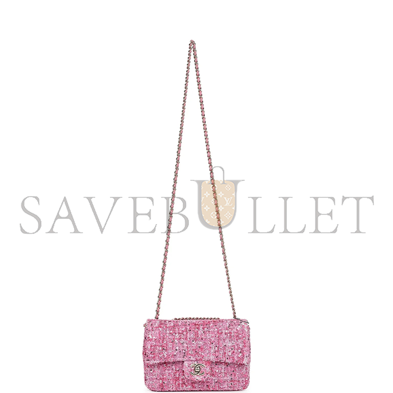 CHANEL MINI CLASSIC RECTANGULAR FLAP BAG PINK TWEED AND SEQUIN GOLD HARDWARE 192410 (20*13*6cm)
