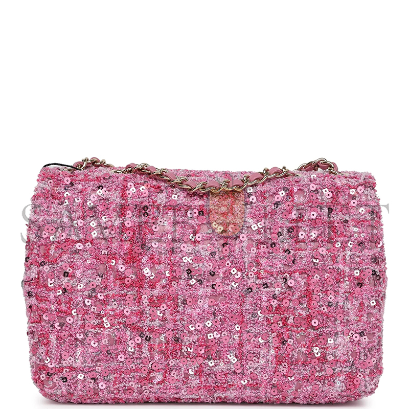 CHANEL MINI CLASSIC RECTANGULAR FLAP BAG PINK TWEED AND SEQUIN GOLD HARDWARE 192410 (20*13*6cm)