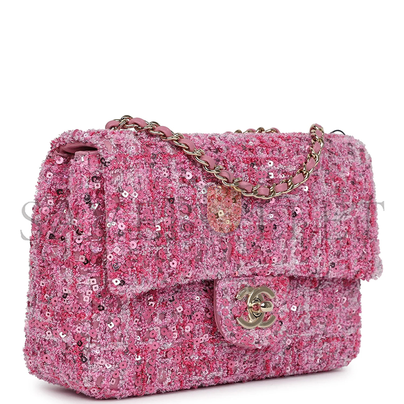 CHANEL MINI CLASSIC RECTANGULAR FLAP BAG PINK TWEED AND SEQUIN GOLD HARDWARE 192410 (20*13*6cm)