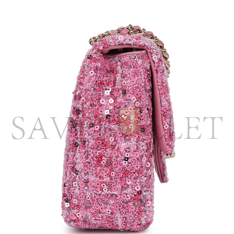 CHANEL MINI CLASSIC RECTANGULAR FLAP BAG PINK TWEED AND SEQUIN GOLD HARDWARE 192410 (20*13*6cm)