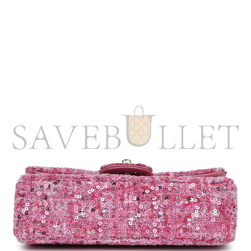 CHANEL MINI CLASSIC RECTANGULAR FLAP BAG PINK TWEED AND SEQUIN GOLD HARDWARE 192410 (20*13*6cm)